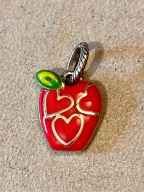 Brighton Apple charm Red enamel, green leaf, & silver hearts Retired